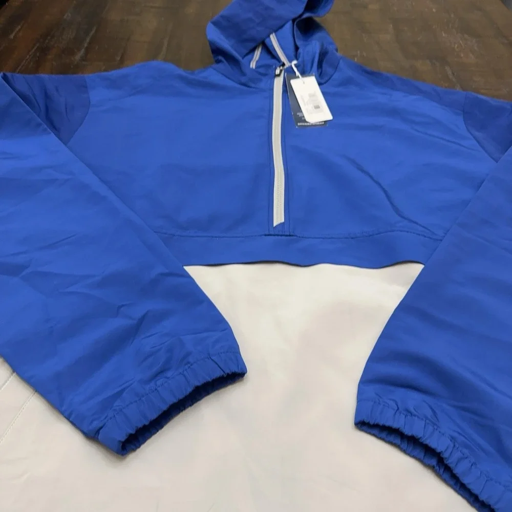 Cutter & Buck Jacket Mens 2XL Blue White Hooded 1/4 Zip Packable Windbreaker